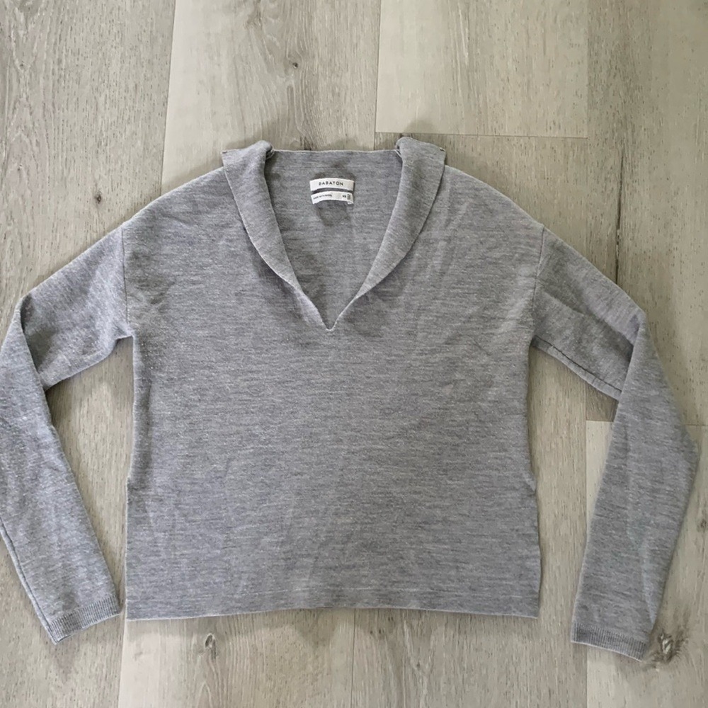 BABATON Deep V-Neck Merino Wool Sweater Gray Size XS collared